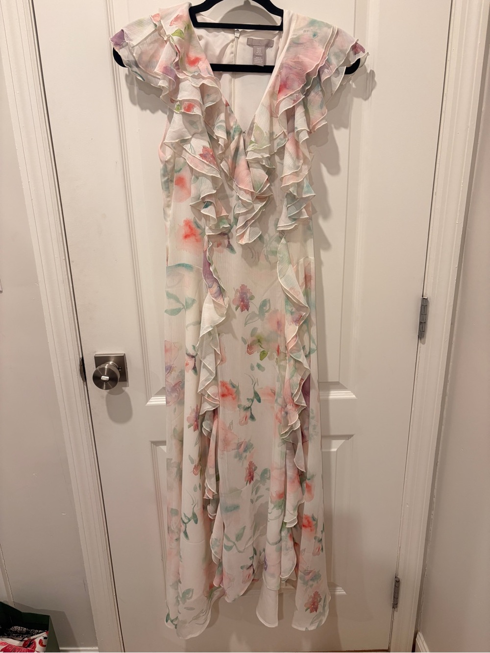 H&M White Maxi Dress with Pastel Floral Ruffles